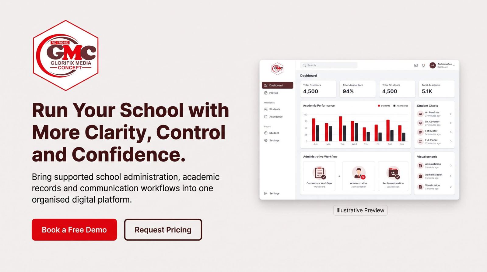 Glorifix Media Concept banner 2 of 2: Run Your School with More Clarity, Control and Confidence. Illustrative preview.